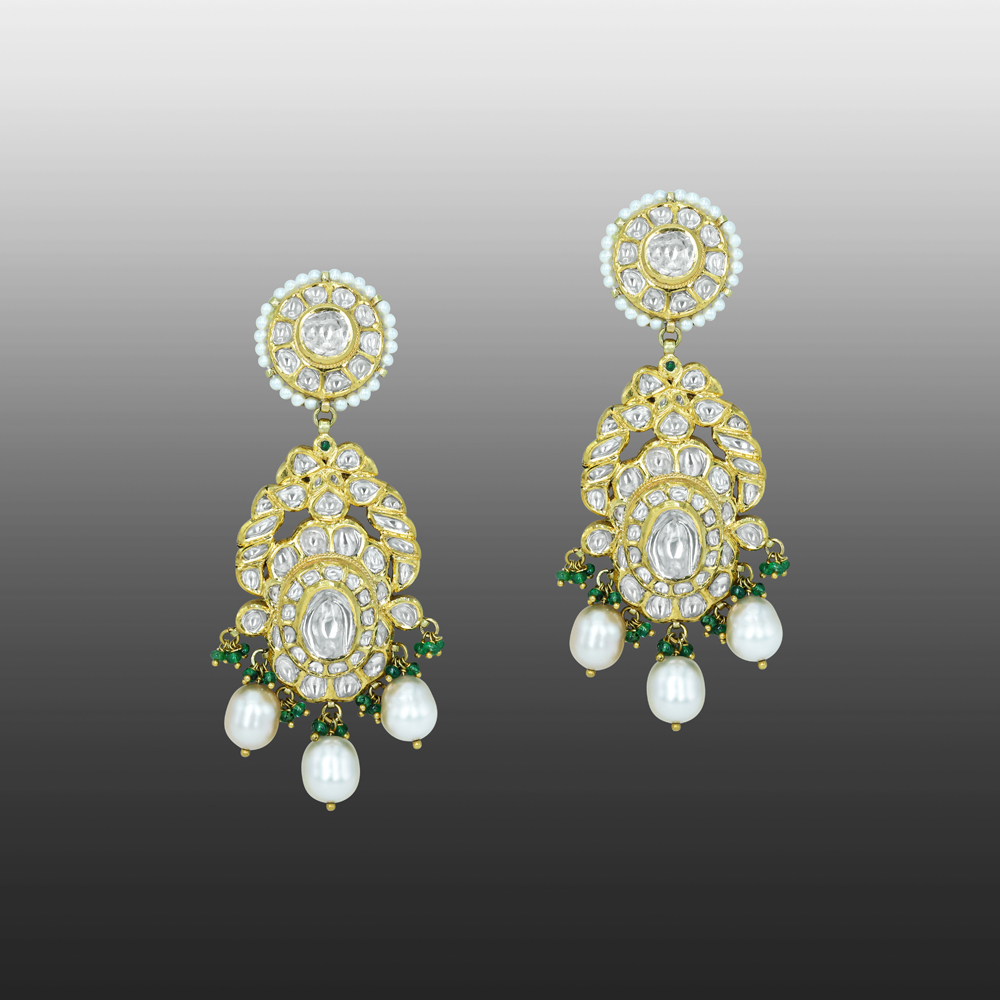 Polki Earrings with Pearls and Emerald Beads